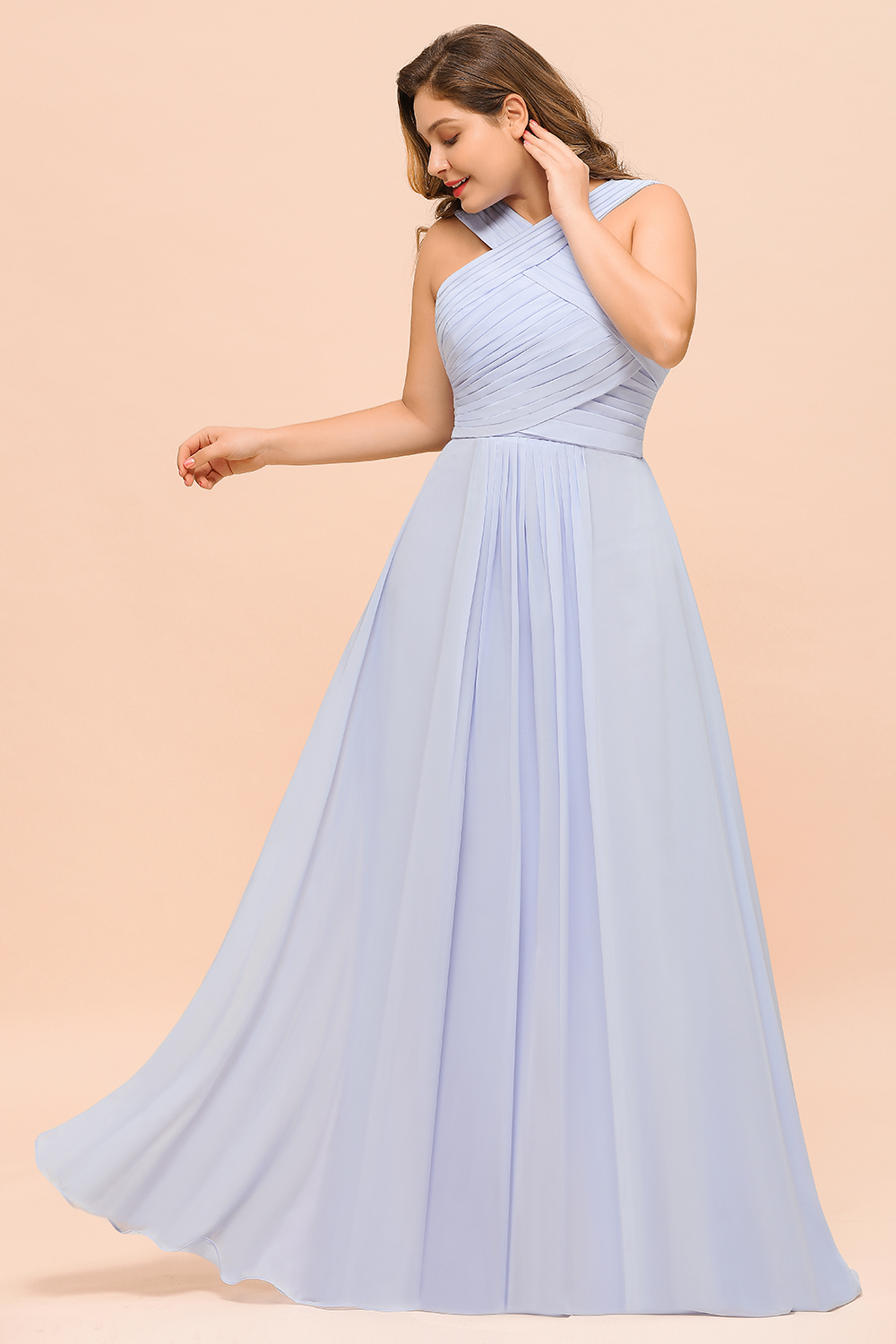 Plus Size Long A-line Halter Lavender Chiffon Bridesmaid Dress with Ruffle