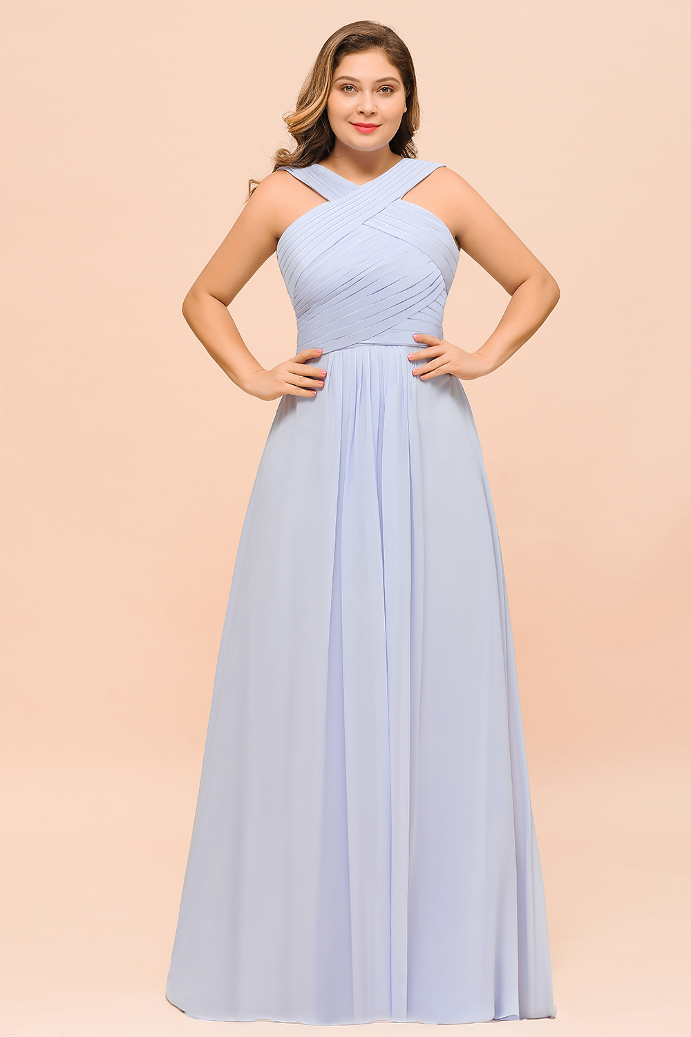 Plus Size Long A-line Halter Lavender Chiffon Bridesmaid Dress with Ruffle