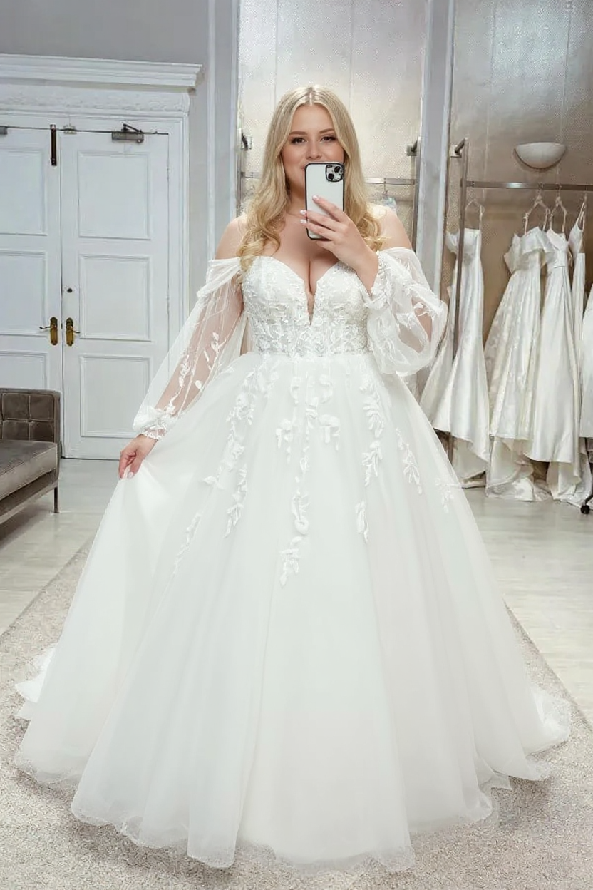 Plus Size Long A-line Off the Shoulder Tulle Lace Wedding Dresses with Sleeves