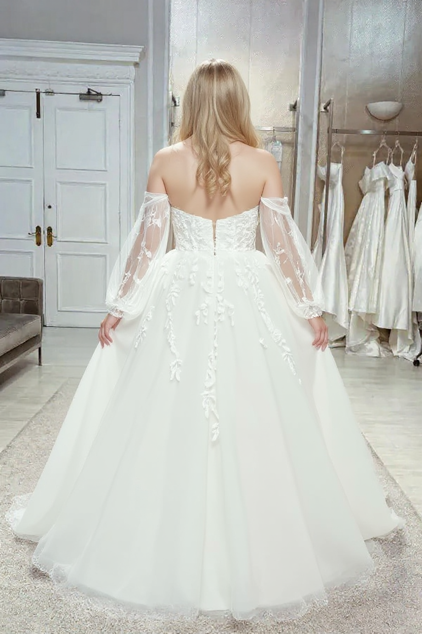 Plus Size Long A-line Off the Shoulder Tulle Lace Wedding Dresses with Sleeves