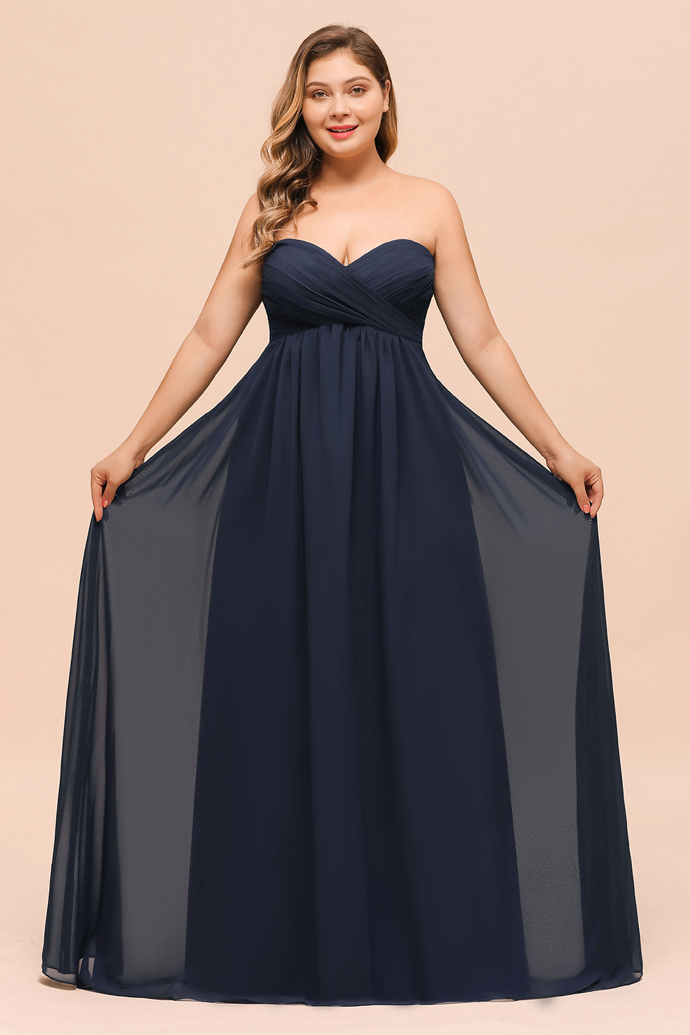 Plus Size Dark Navy Long Sweetheart Chiffon Wedding Guest Dresses