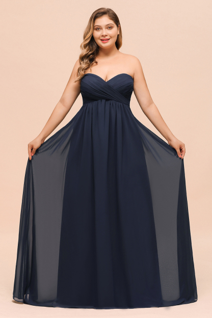 Plus Size Dark Navy Long Sweetheart Chiffon Wedding Guest Dresses