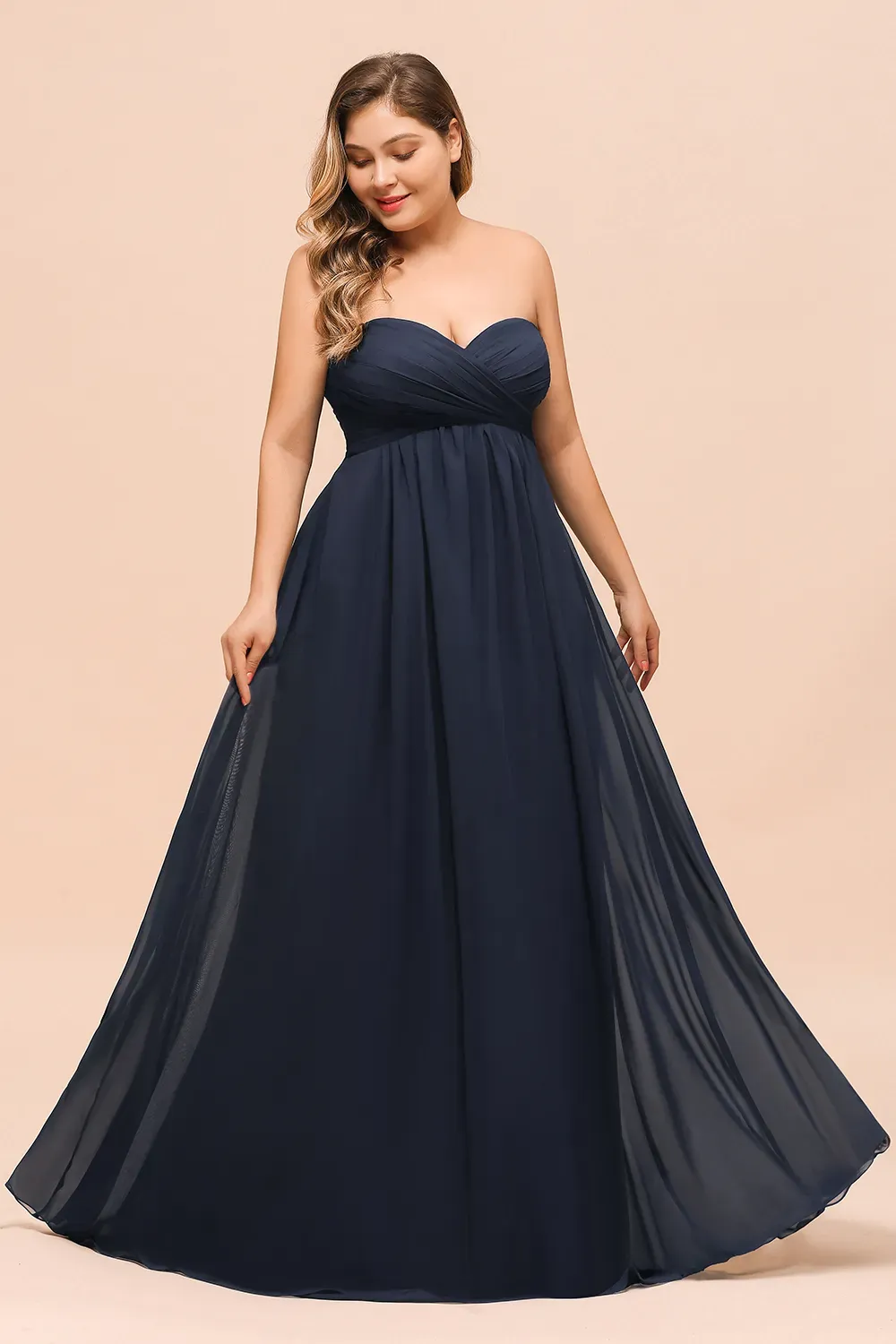 Plus Size Dark Navy Long Sweetheart Chiffon Wedding Guest Dresses