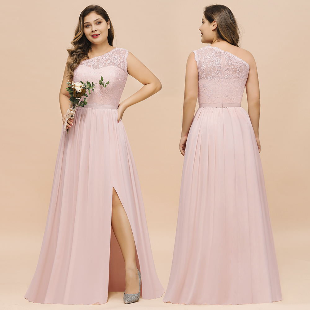 Plus Size One Shoulder Appliques Lace A-Line Chiffon Bridesmaid Dress With Split