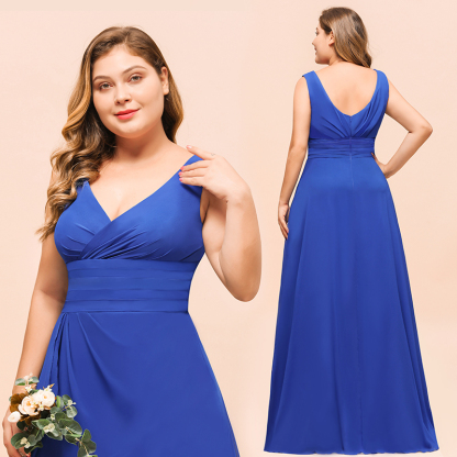 Plus Size Wide Straps V-neck A-line Floor-length Chiffon Bridesmaid Dress