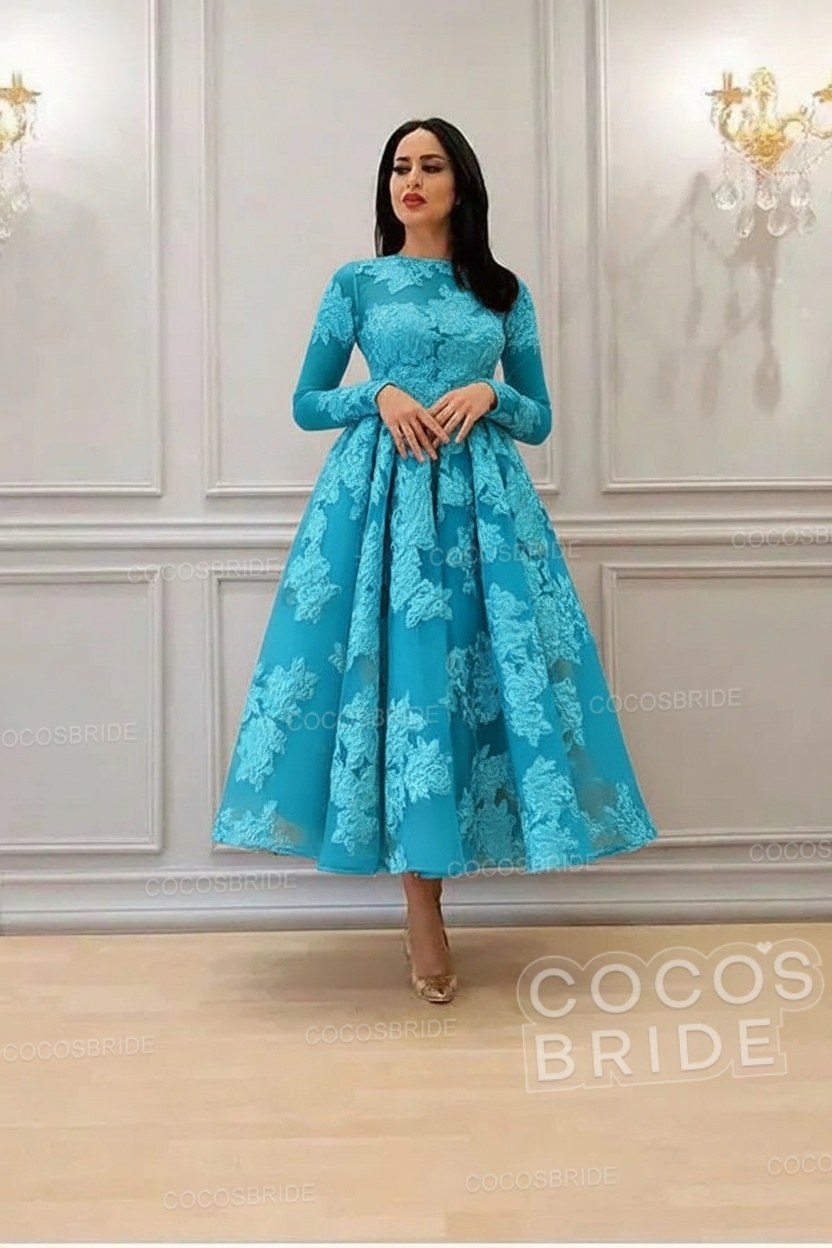 Elegant Short A-line High Neck Lace Ankle Length Formal Evening Dress with Sleeves