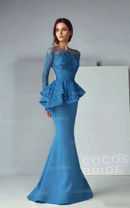 Modest Long Mermaid Lace Satin Formal Prom Dresses with Sleeves