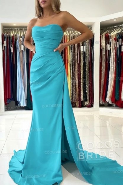 Long Mermaid Strapless Satin Prom Dress with Slit