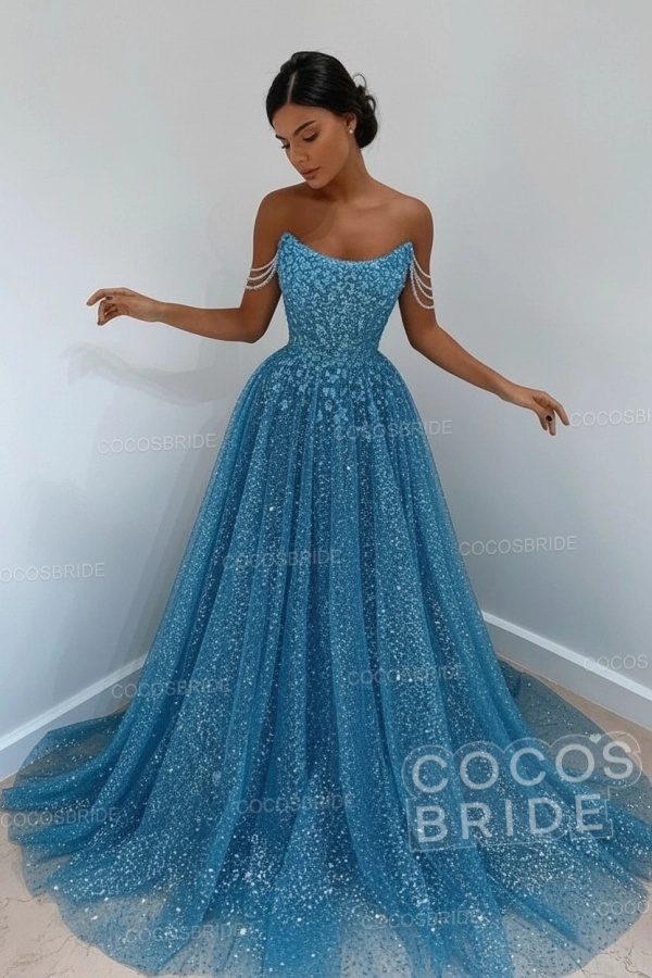 Long A-line Sparkly Sleeveless Sequined Formal Prom Dress