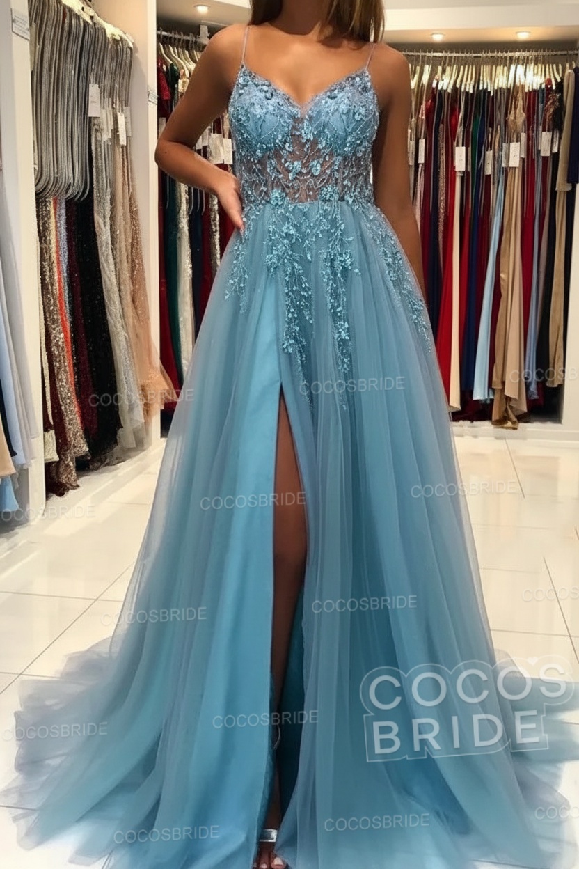 Long A-line V-neck Spaghetti Straps Open Back Prom Dress with Slit