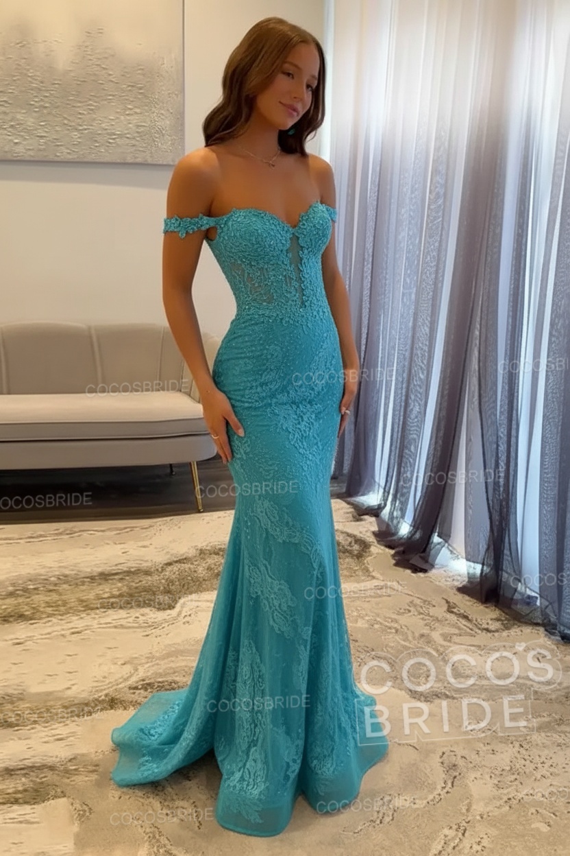 Dark Navy Long Mermaid Off the Shoulder Lace Prom Dress