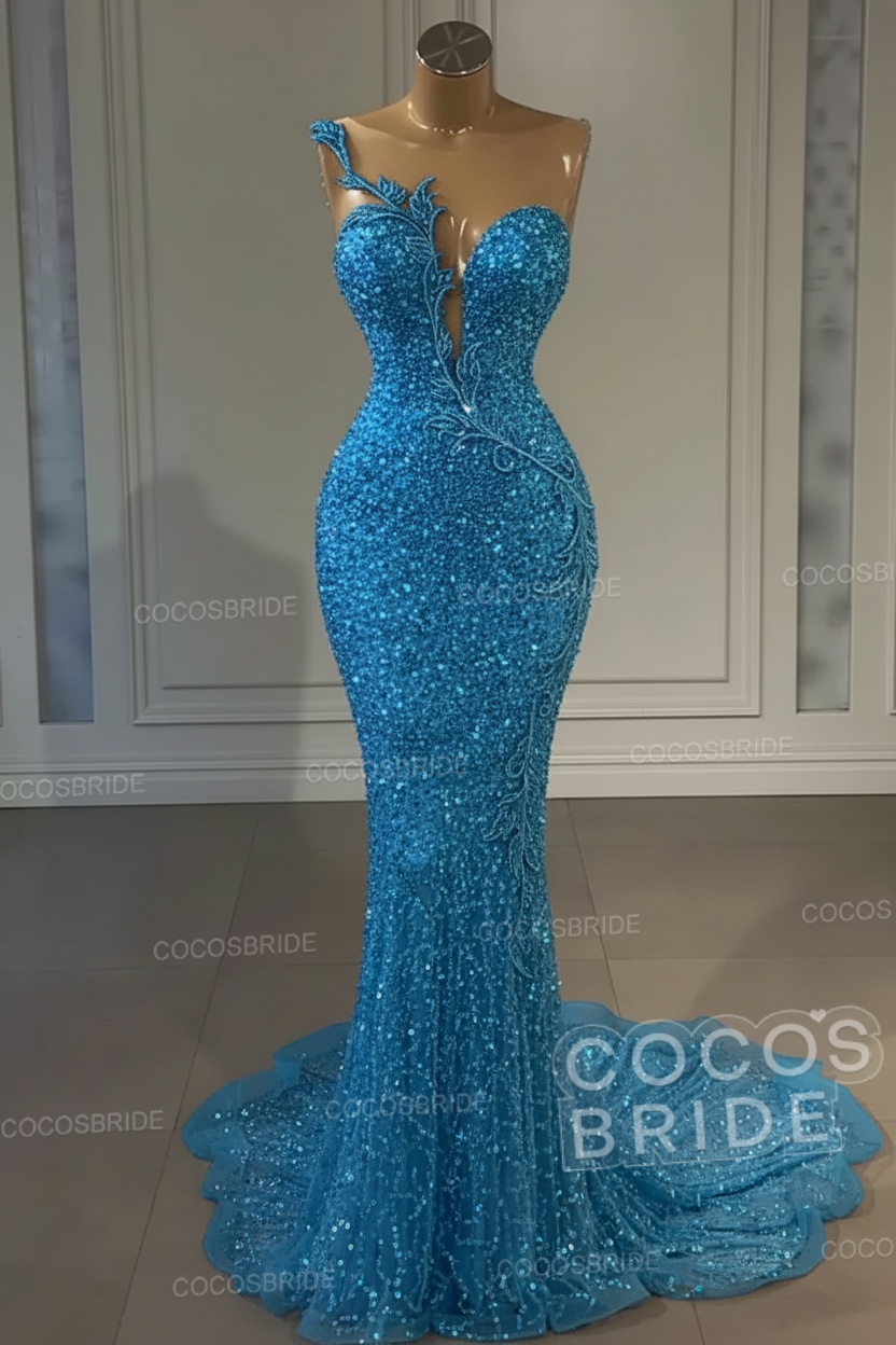 Long Mermaid Sweetheart Tulle Sequin Formal Prom Dress