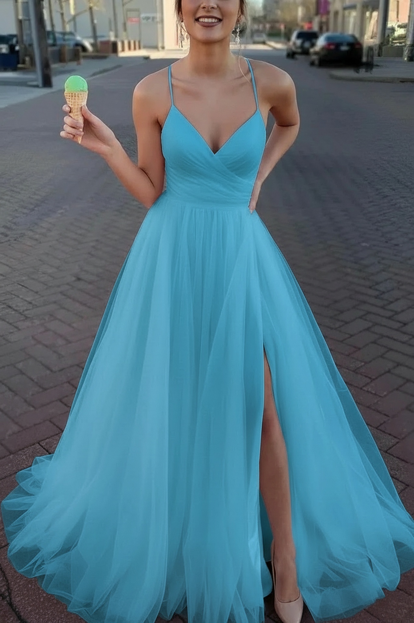 Long Spaghetti Straps V-neck A-Line Tulle Prom Dress With Side Slit