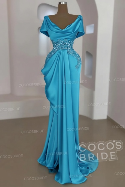 Mermaid Cowl Neck Satin Long Prom Dresses with Short Sleeves