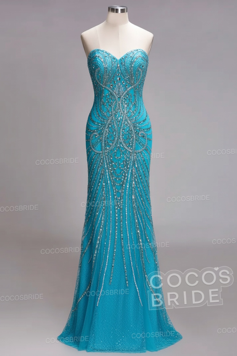 Mermaid Strapless Sweetheart Long Sequined Formal Evening Dresses with Beads