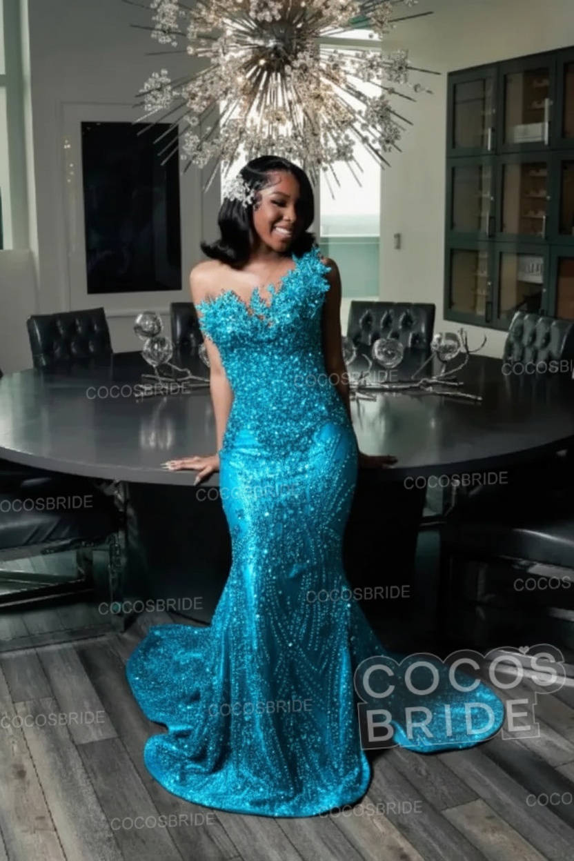 One Shoulder Sleeveless Mermaid Prom Dress with Beaded