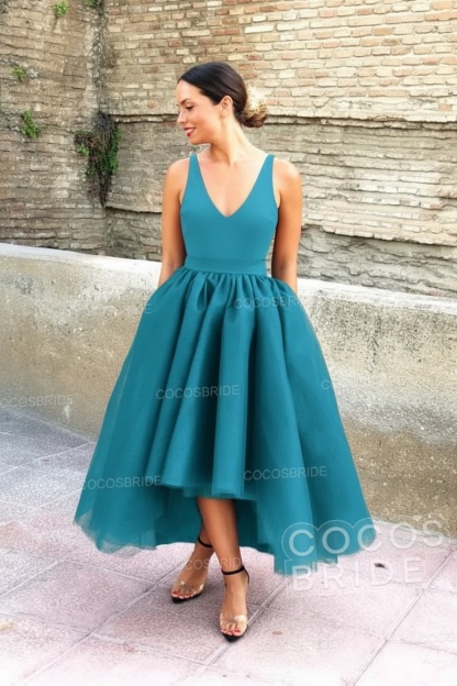 Simple Black V-neck Sleeveless Asymmetrical A-Line Prom Dresses