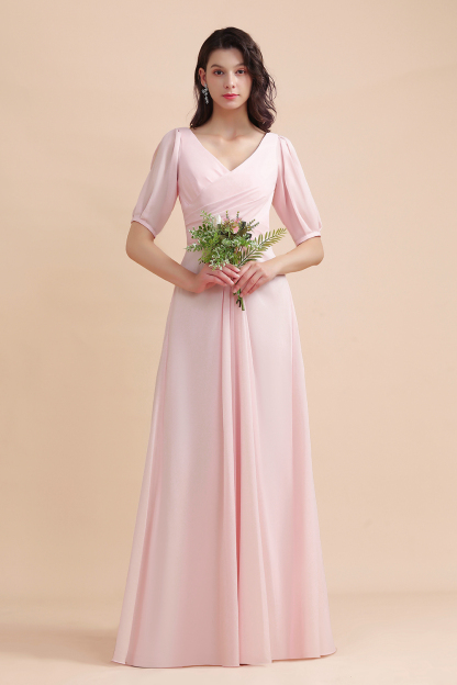 Pretty Half Sleeves V-neck A-Line Bridesmaid Dress Chiffon Long Wedding Guest Dress