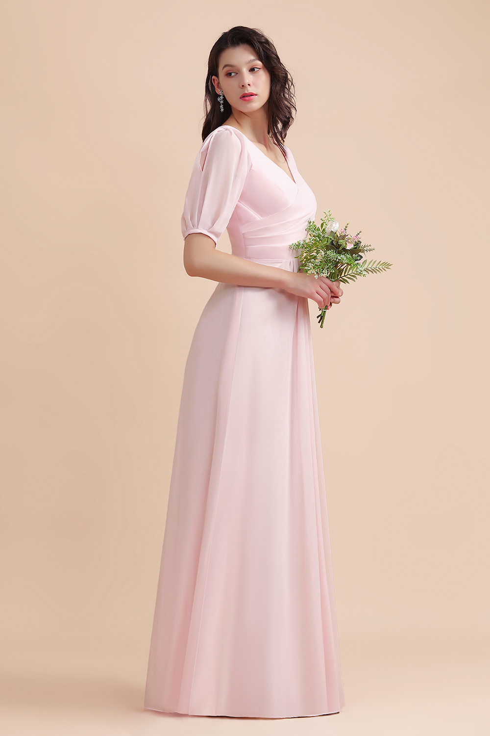 Pretty Half Sleeves V-neck A-Line Bridesmaid Dress Chiffon Long Wedding Guest Dress