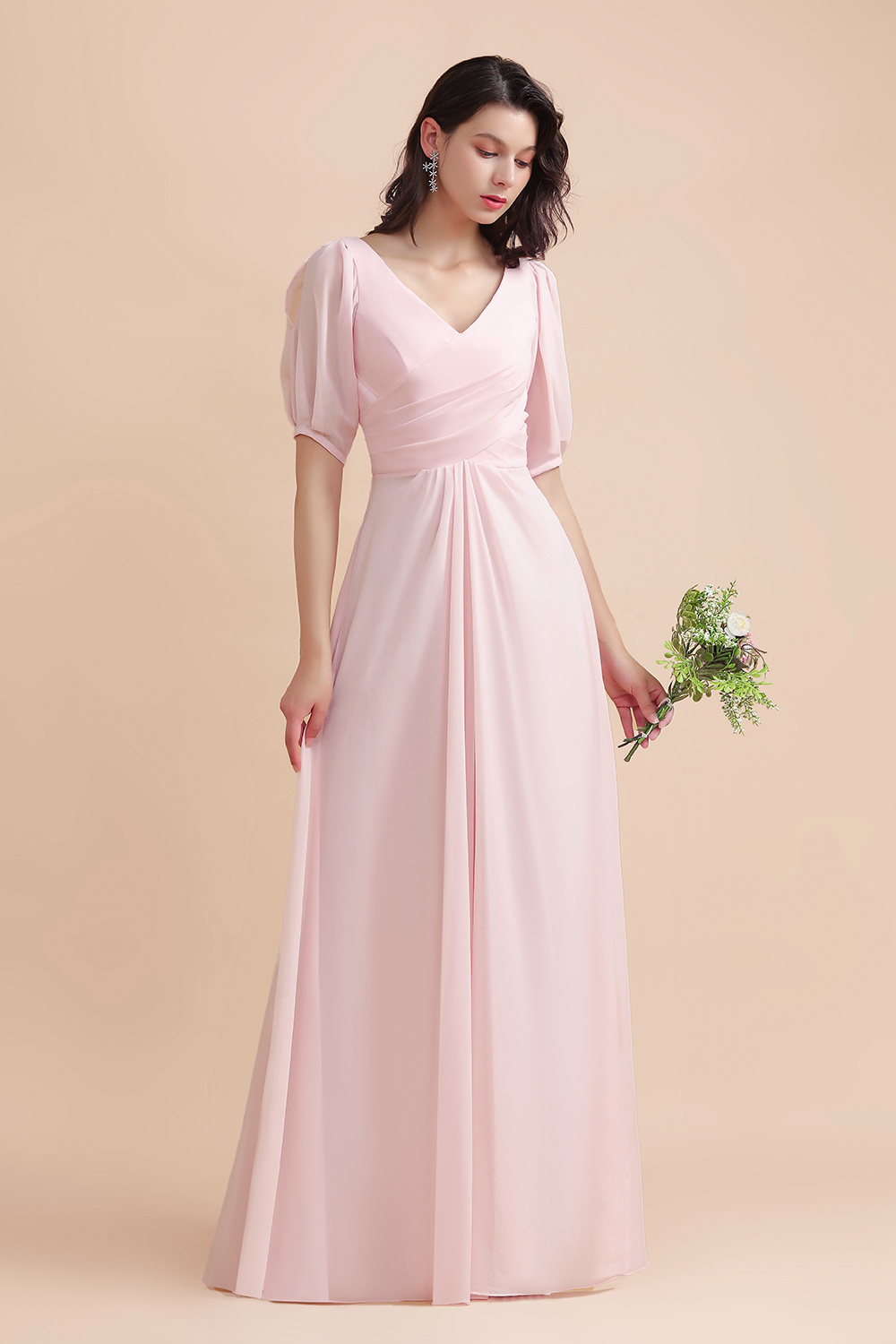 Pretty Half Sleeves V-neck A-Line Bridesmaid Dress Chiffon Long Wedding Guest Dress