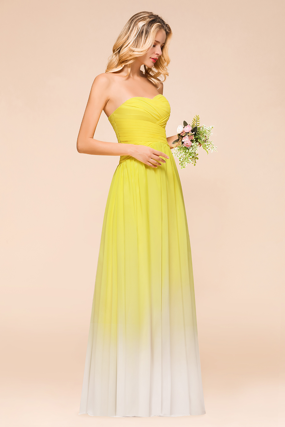 Pretty Strapless Backless A-line Floor-length Chiffon Ruched Bridesmaid Dress