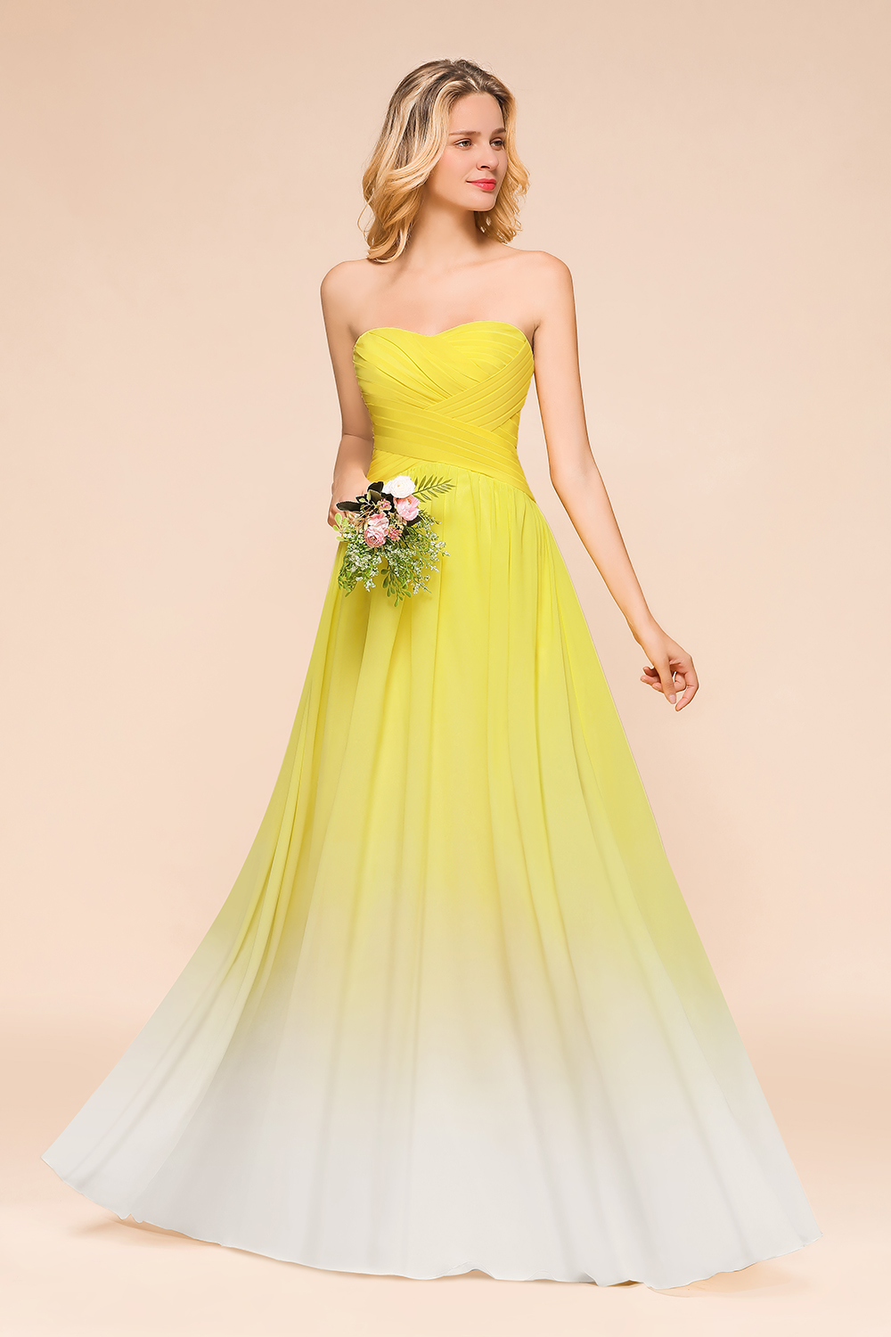Pretty Strapless Backless A-line Floor-length Chiffon Ruched Bridesmaid Dress