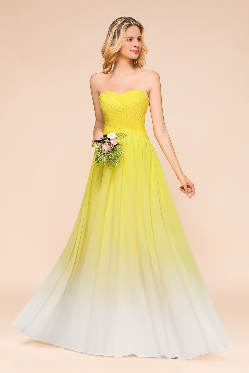 Pretty Strapless Backless A-line Floor-length Chiffon Ruched Bridesmaid Dress
