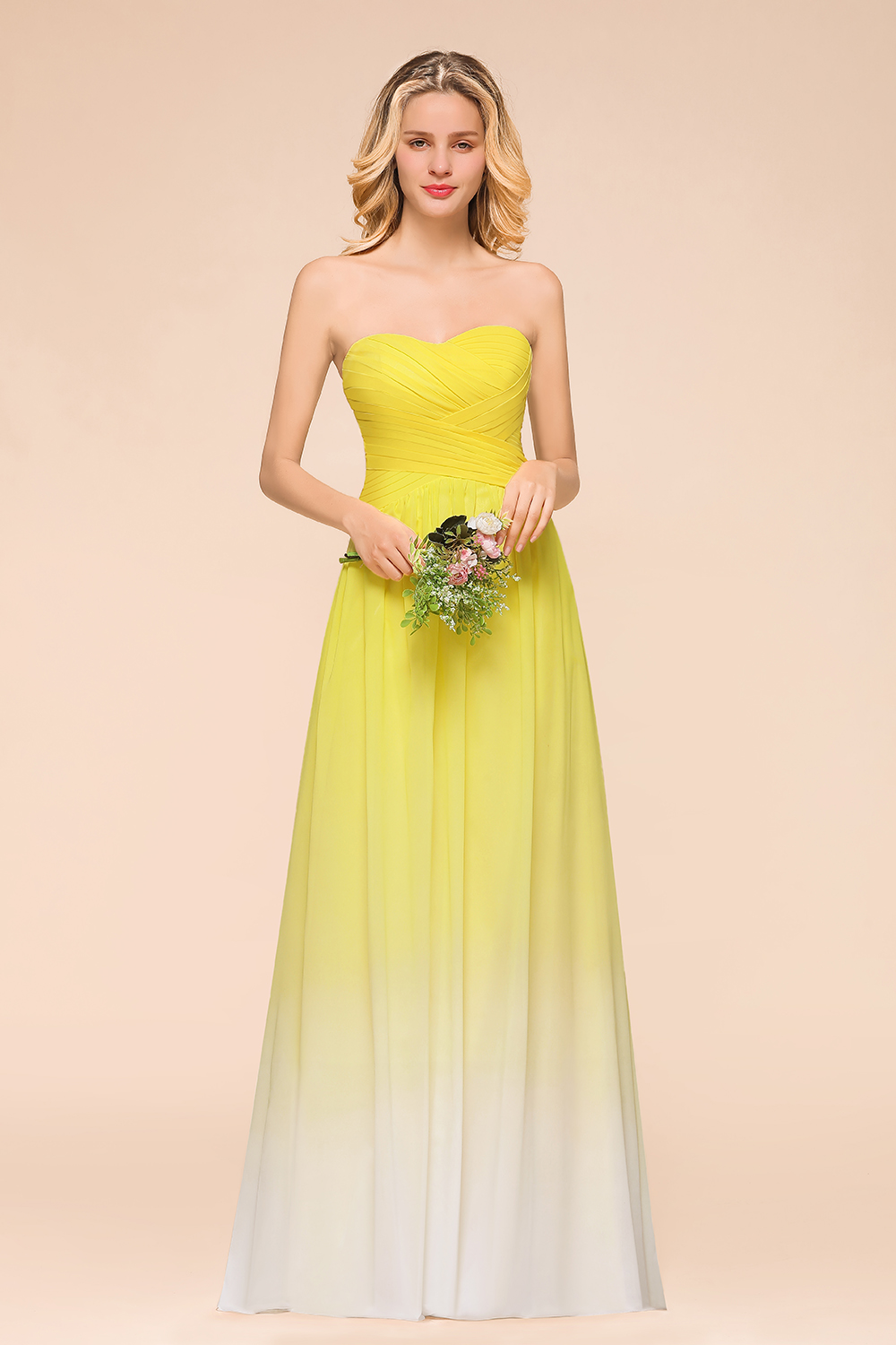 Pretty Strapless Backless A-line Floor-length Chiffon Ruched Bridesmaid Dress