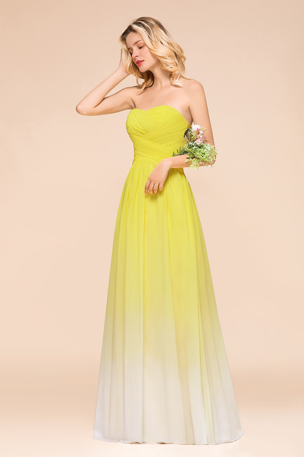 Pretty Strapless Backless A-line Floor-length Chiffon Ruched Bridesmaid Dress