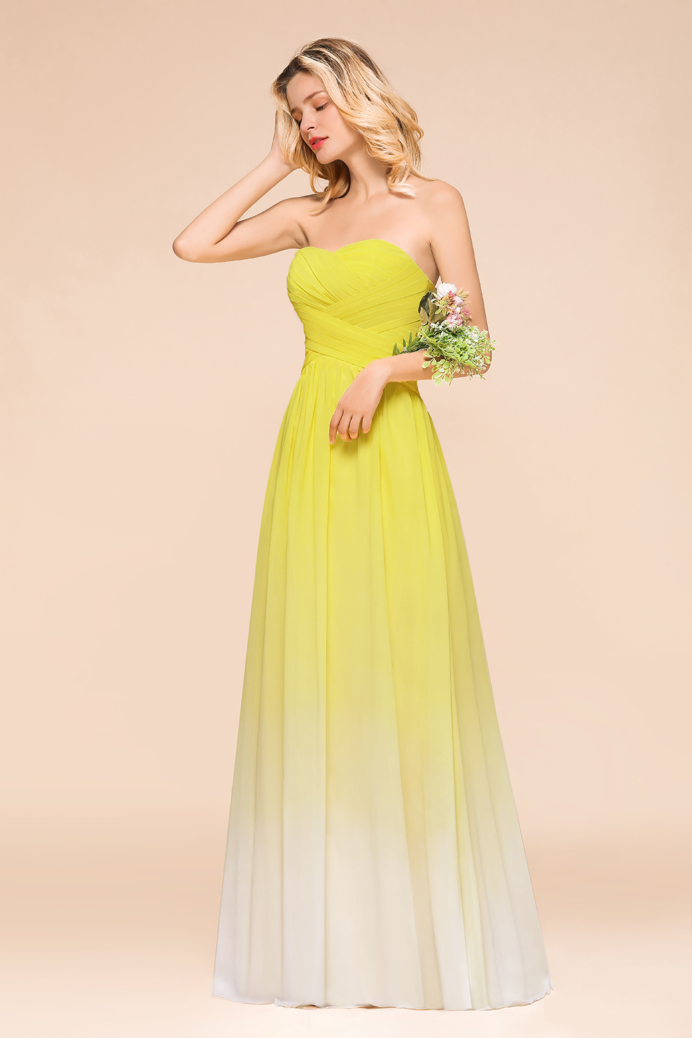 Pretty Strapless Backless A-line Floor-length Chiffon Ruched Bridesmaid Dress