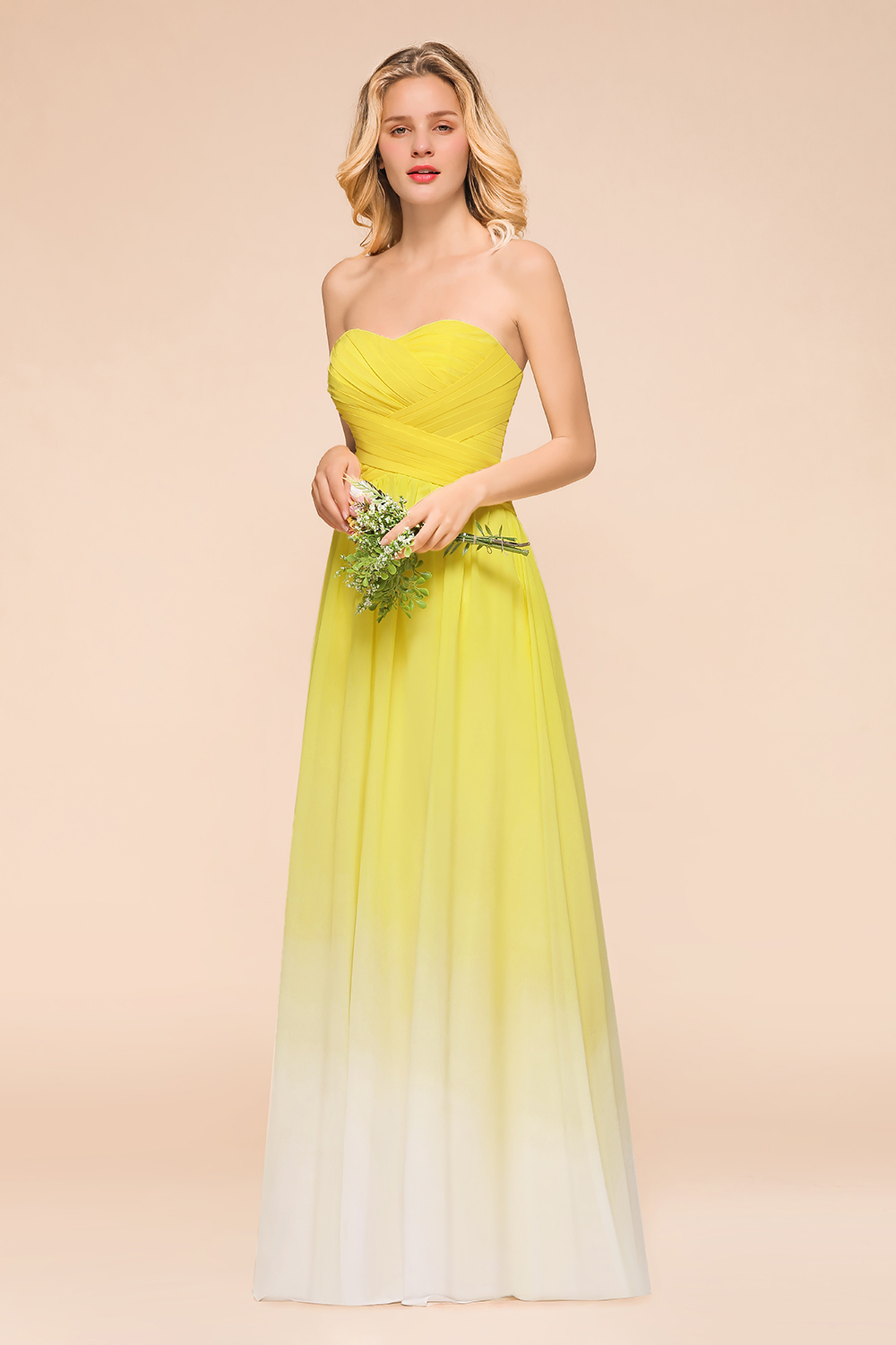 Pretty Strapless Backless A-line Floor-length Chiffon Ruched Bridesmaid Dress