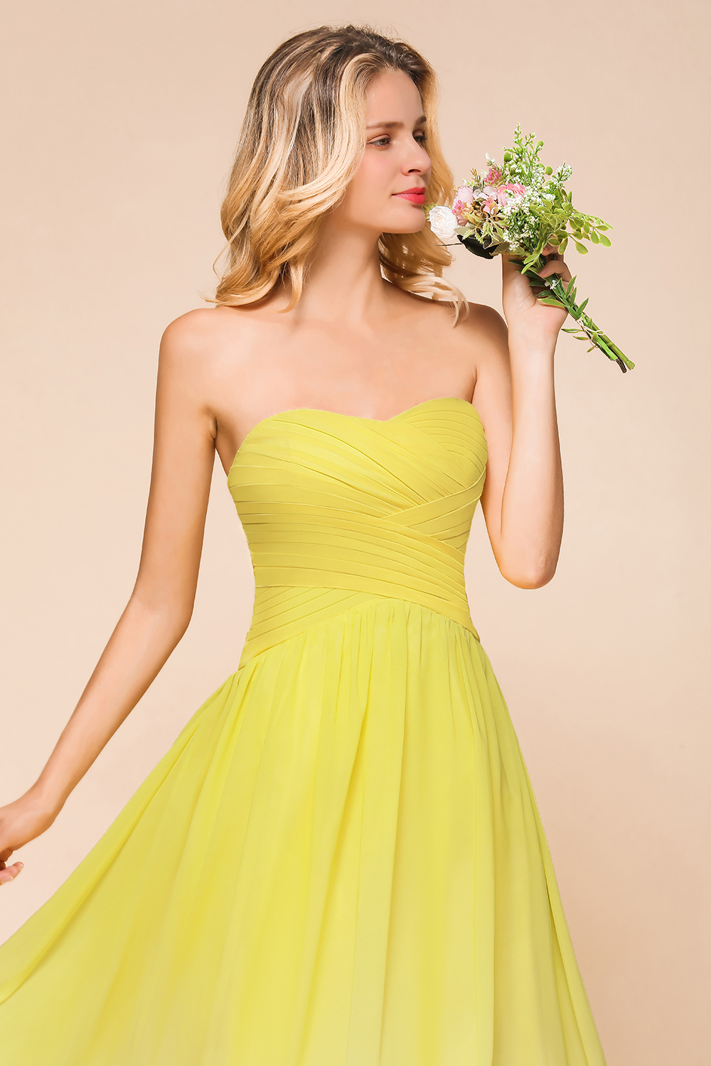 Pretty Strapless Backless A-line Floor-length Chiffon Ruched Bridesmaid Dress