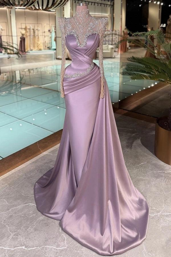 Cocosbride Purple Long Sleeves Long Mermaid Formal Dress with Rhinestones
