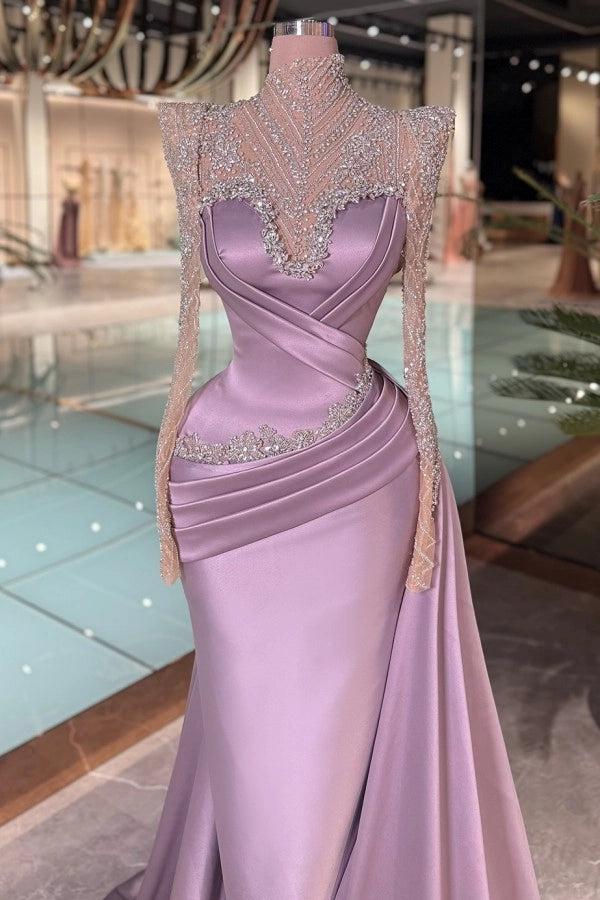 Cocosbride Purple Long Sleeves Long Mermaid Formal Dress with Rhinestones