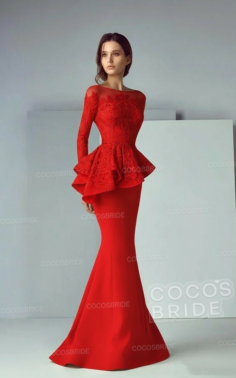 Modest Long Mermaid Lace Satin Formal Prom Dresses with Sleeves