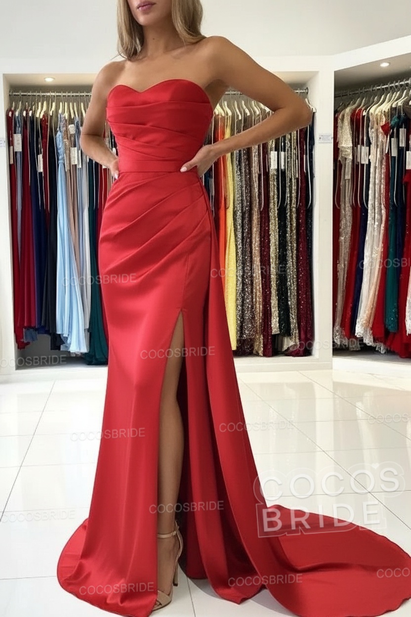 Long Mermaid Strapless Satin Prom Dress with Slit