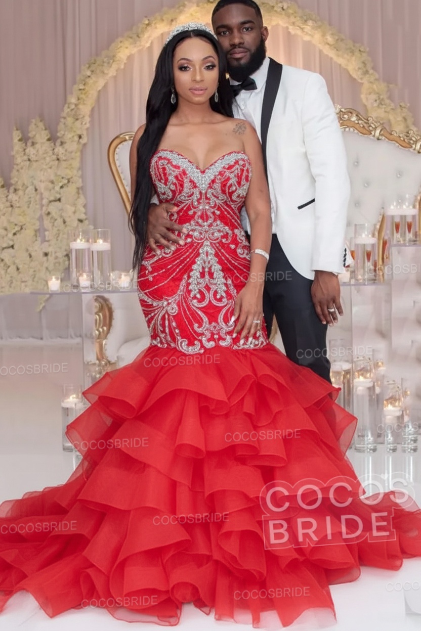 Luxury Long Strapless Ruffles Beaded Mermaid Wedding Dress