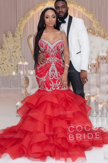 Luxury Long Strapless Ruffles Beaded Mermaid Wedding Dress