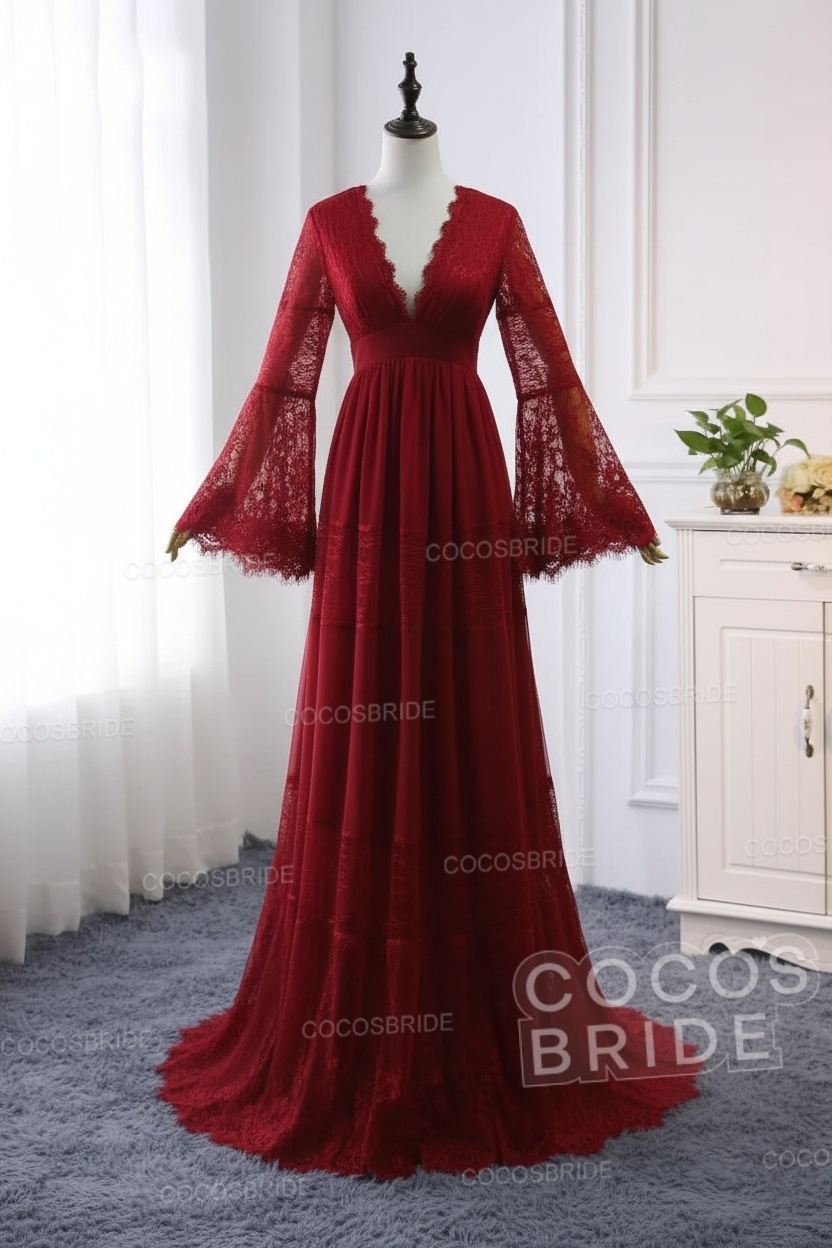 Elegant Long Sleeves A-line V-Neck Tulle Wedding Dresses