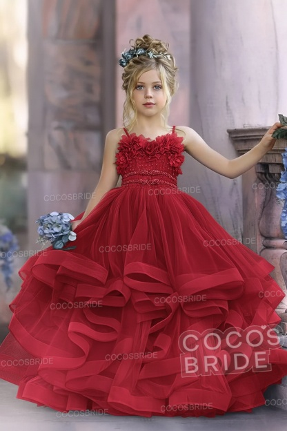 Cute Dusty Blue Long Spaghetti Straps Strapless Tulle Princess Flower Girl Dresses