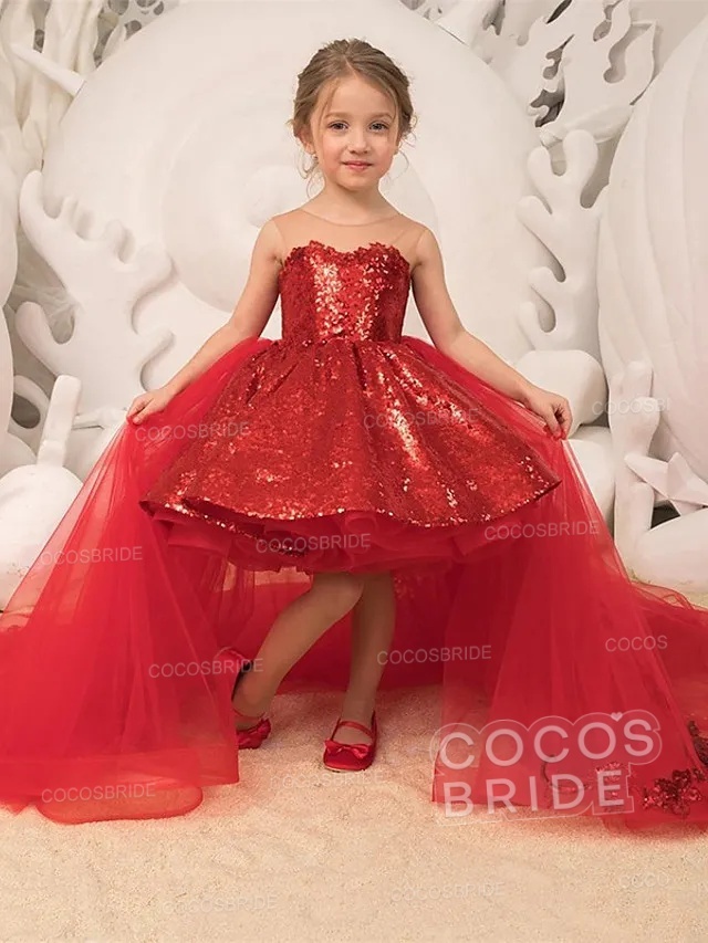 Red Ball Gown Tulle Sequin Sleeveless Flower Girl Dresses