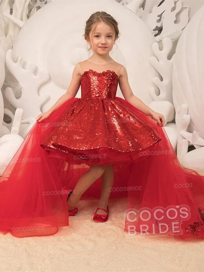 Red Ball Gown Tulle Sequin Sleeveless Flower Girl Dresses