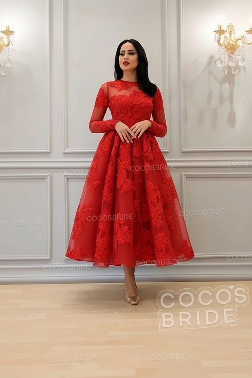 Elegant Short A-line High Neck Lace Ankle Length Formal Evening Dress with Sleeves