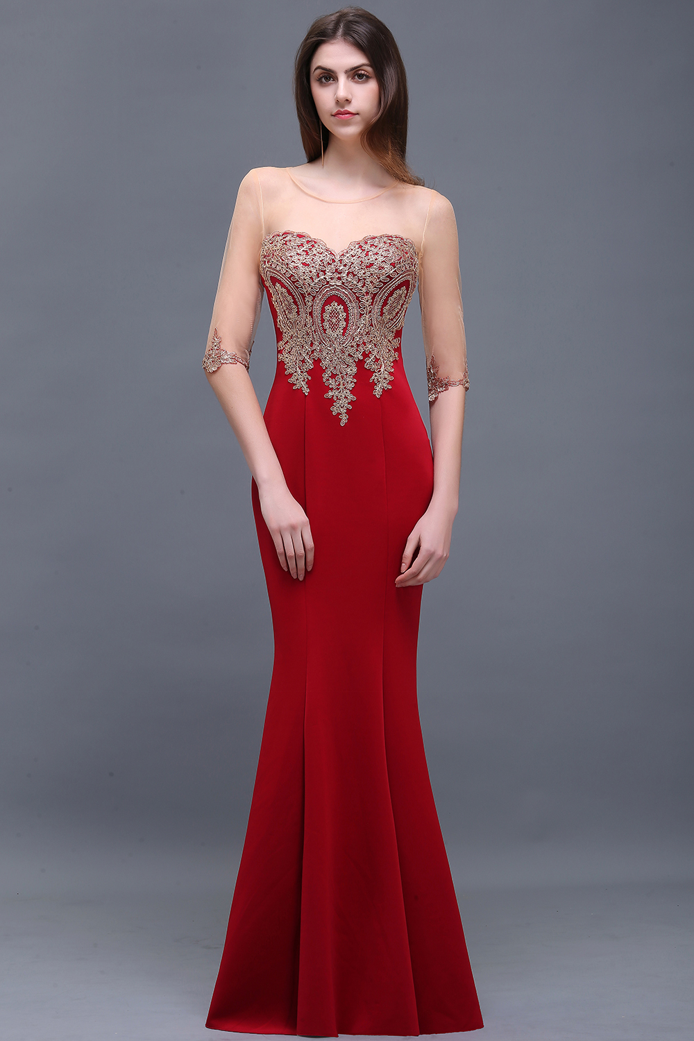 Red Half Sleeves Appliques Mermaid Beads Bridesmaid Dresses