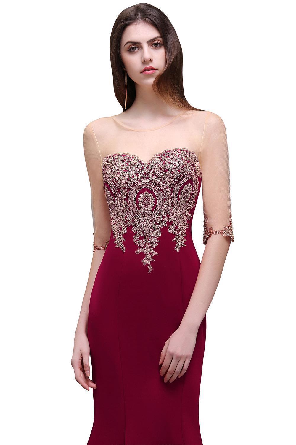 Red Half Sleeves Appliques Mermaid Beads Bridesmaid Dresses