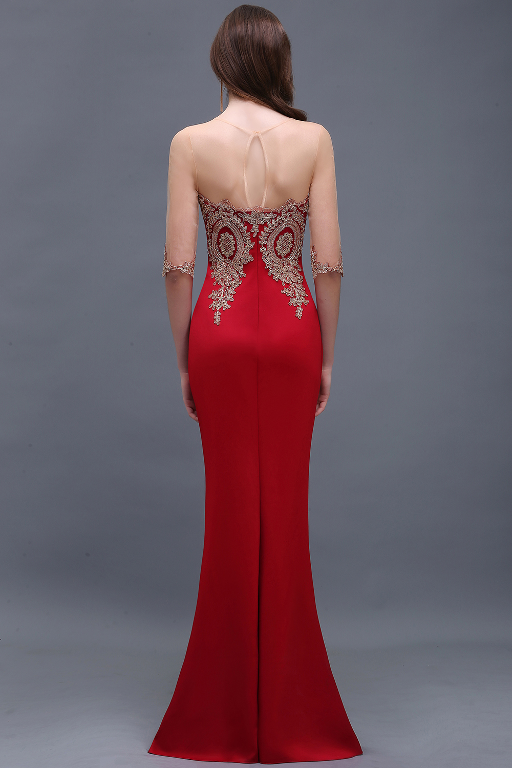 Red Half Sleeves Appliques Mermaid Beads Bridesmaid Dresses