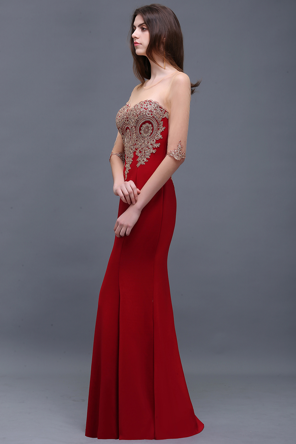 Red Half Sleeves Appliques Mermaid Beads Bridesmaid Dresses