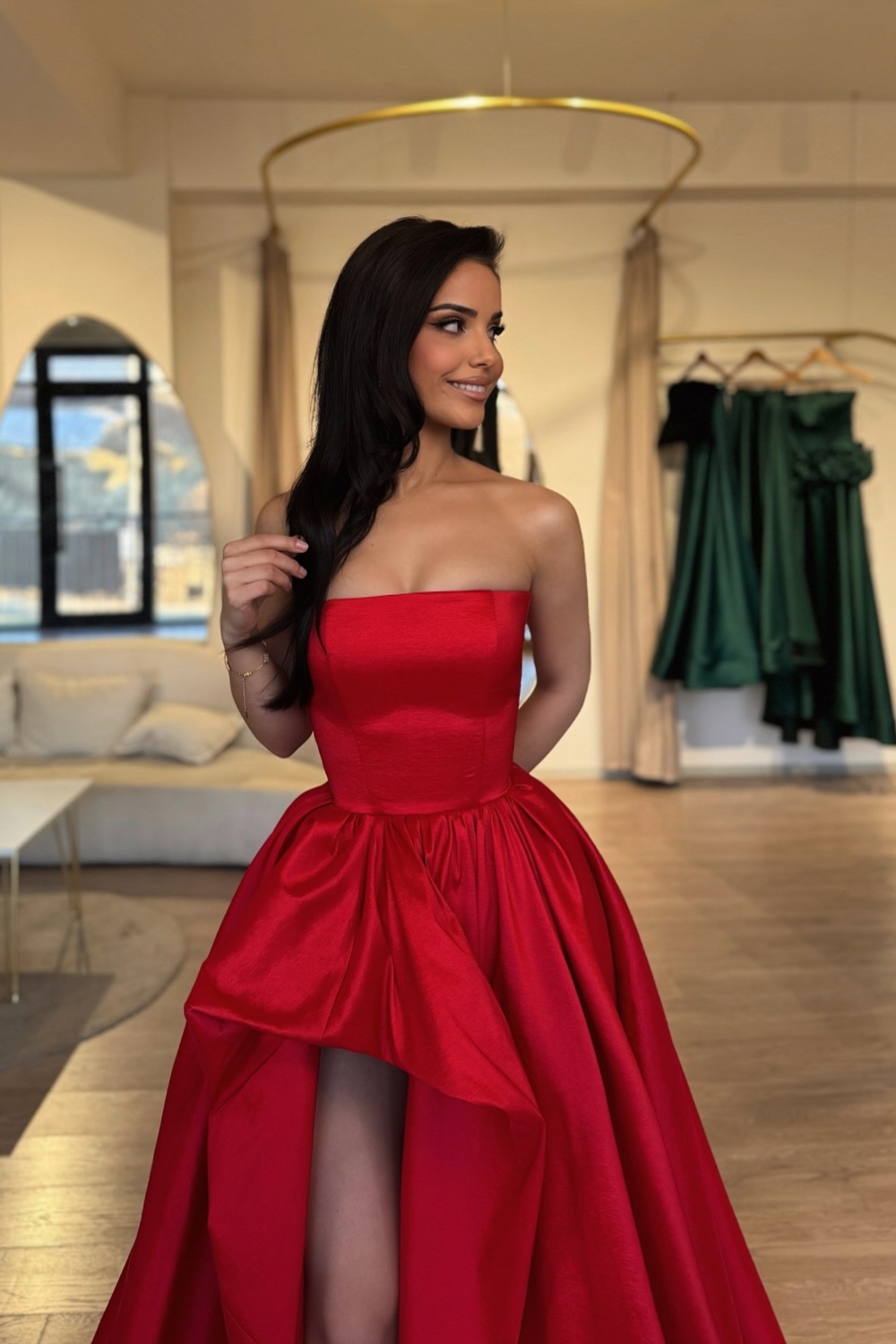 Red Long A-line Strapless Satin Formal Prom Dresses