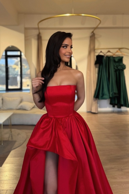 Red Long A-line Strapless Satin Formal Prom Dresses