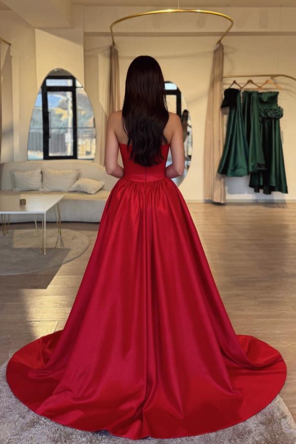 Red Long A-line Strapless Satin Formal Prom Dresses
